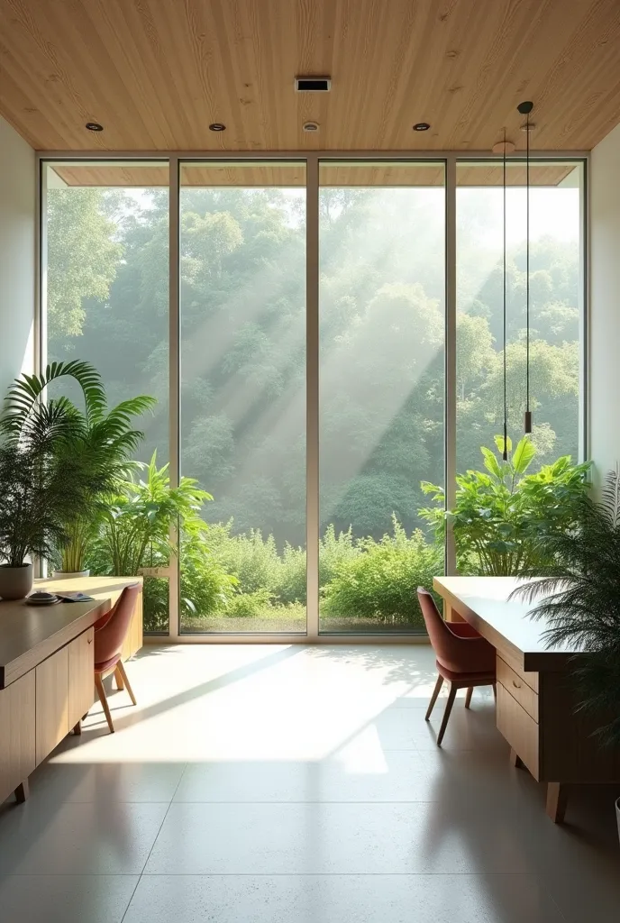 A minimalist office space, white and gray tones, natural wood textures, large windows, green plants outside, calm and peaceful atmosphere, high-quality render."