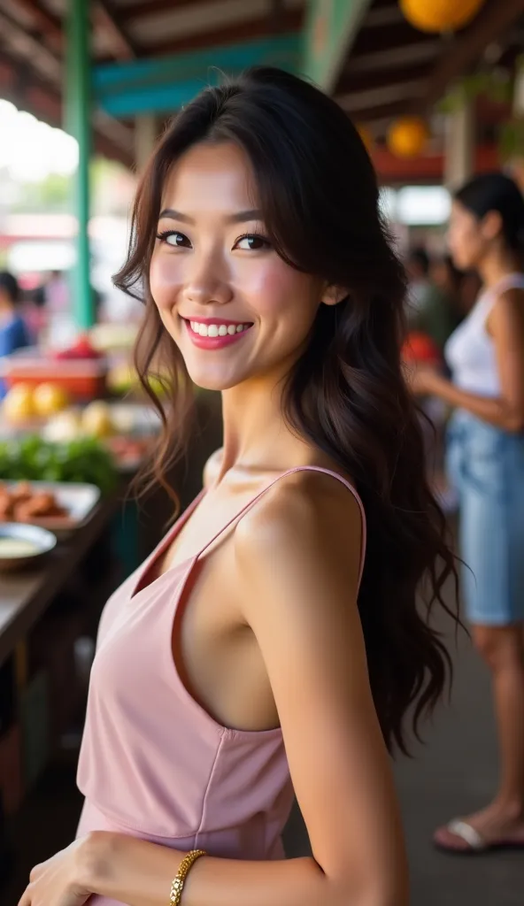 A young Thai woman with an oval-shaped face, fair and smooth skin, and deep brown eyes with double eyelids that give her a soft, gentle gaze. Her thin, slightly arched eyebrows enhance her delicate features, along with her small, slightly upturned nose and...