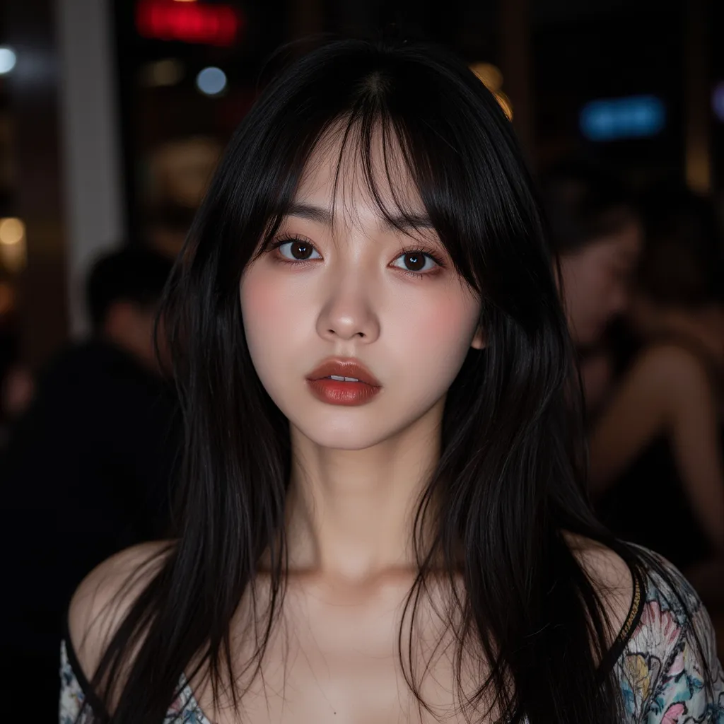 Real Korean girl, 28 years old. long, straight, black hair, very messy. Dark brown eyes. Big, juicylips with a brown lipstick on. Korean, darker makeup on. Long lashes. Incredibly beautiful. More mature and sharp features. Messy clothes, dark circles under...