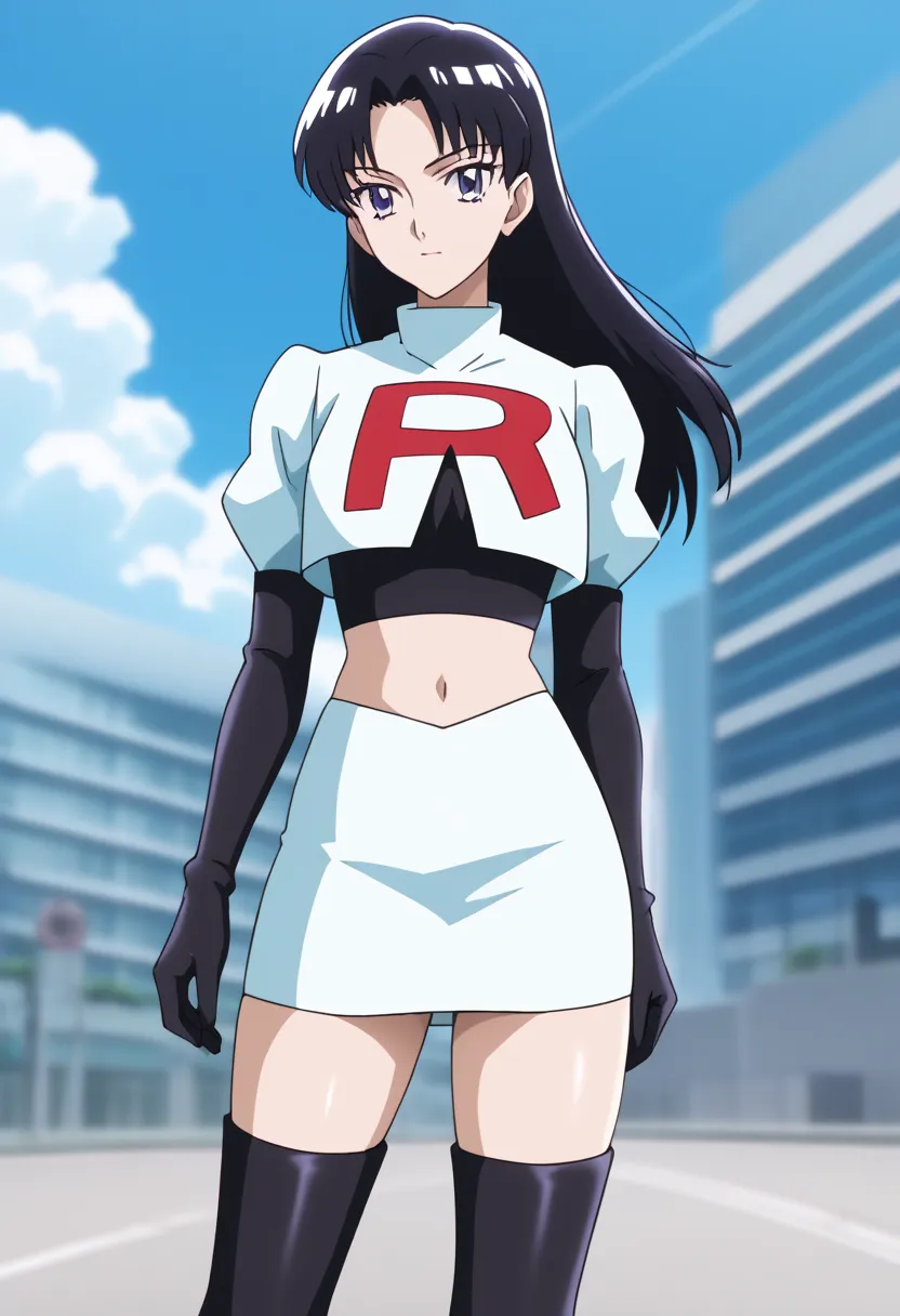 tachibana akira, long hair, black hair, purple eyes, team rocket,team rocket uniform,white skirt,red letter R,crop top,black thigh-highs,black elbow gloves,  score_9, score_8_up, score_7_up, score_6_up, score_5_up, source_anime, rating_safe, outdoors, sky,...