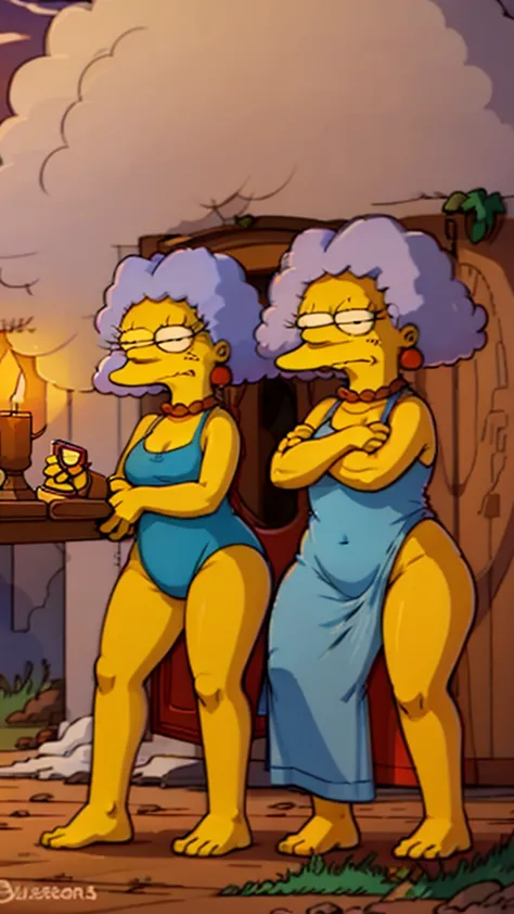 character from the television series The Simpsons Selma Bouvier, dressed in a translucent nightgown, hairy legs, hairy armpits, romantic room, darkness, romantic candlelight, The Simpsons style, full body long shot, maximum quality
