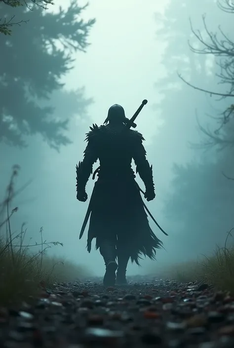 Make a wallpaper of the silhouette of a warrior walking backwards with his sword tucked behind his back