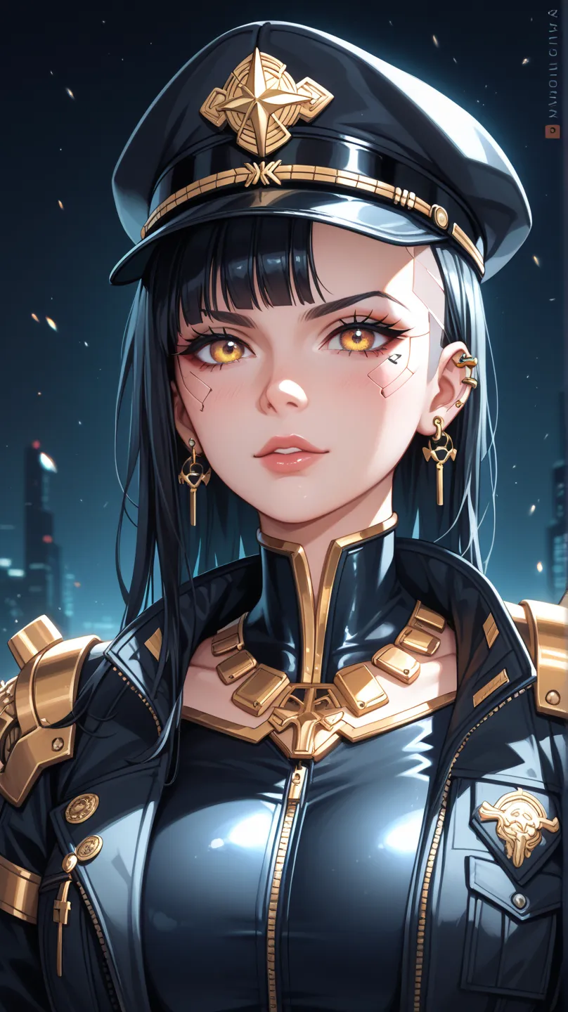 A cyberpunk-inspired anime girl with intense golden eyes and a confident, mysterious expression. She has sleek black hair with strands falling over her face, partially covered by a black military-style cap adorned with gold accents and intricate symbols. H...