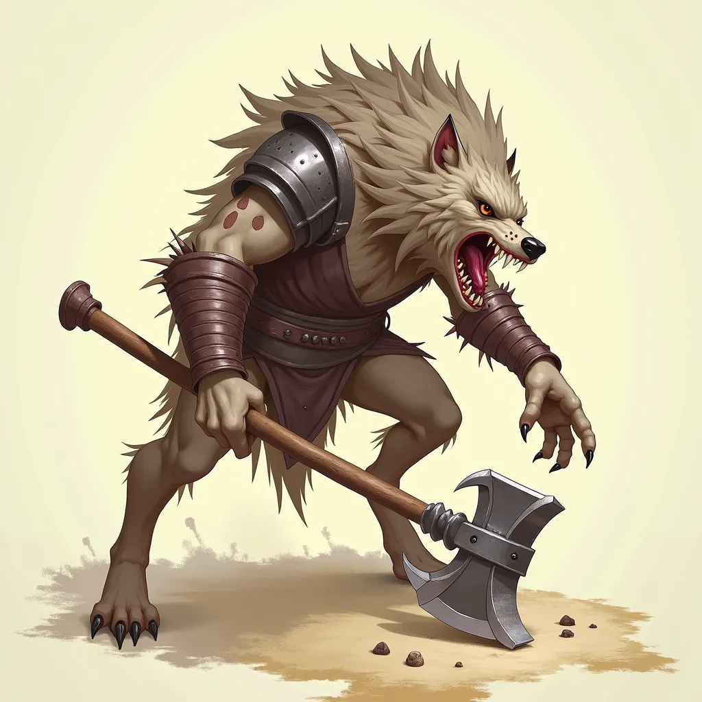 Gnoll, DND, Fantasy, Axe, Slobbering, Fangs, Open Mouth, Grey Brown Hide, In Attack, Hyena Head, Spotted Hyena Body, Chain Armor, Leather Helmet