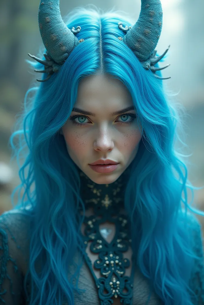 With blue hair 