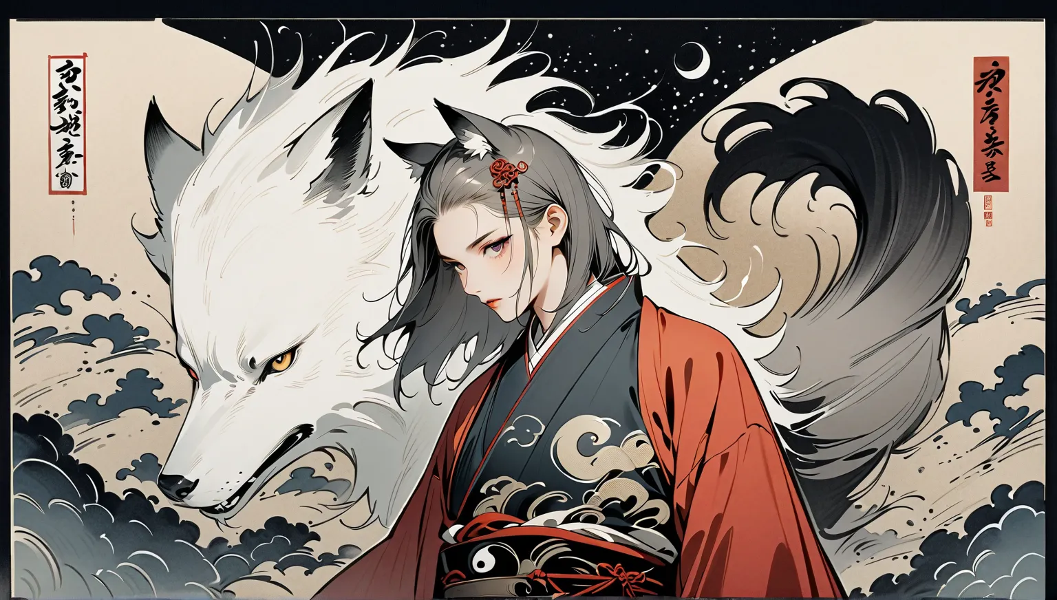   dark eyes , Long Gray Hair, Ink painting, yin and yang,  handsome, Delicate and precise, Modern Ukiyo-e Style, kimono,1 person,animal,wolf ears