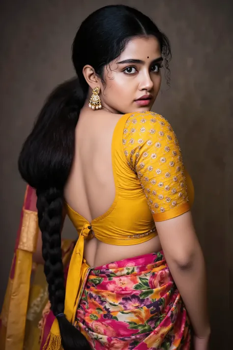 A woman with long dark hair wearing a colorful latex front zipper blouse saree, leaning forward with her hands on her large breasts, downblouse creating a deep cleavage, extremely detailed face, beautiful detailed eyes, beautiful detailed lips, extremely d...