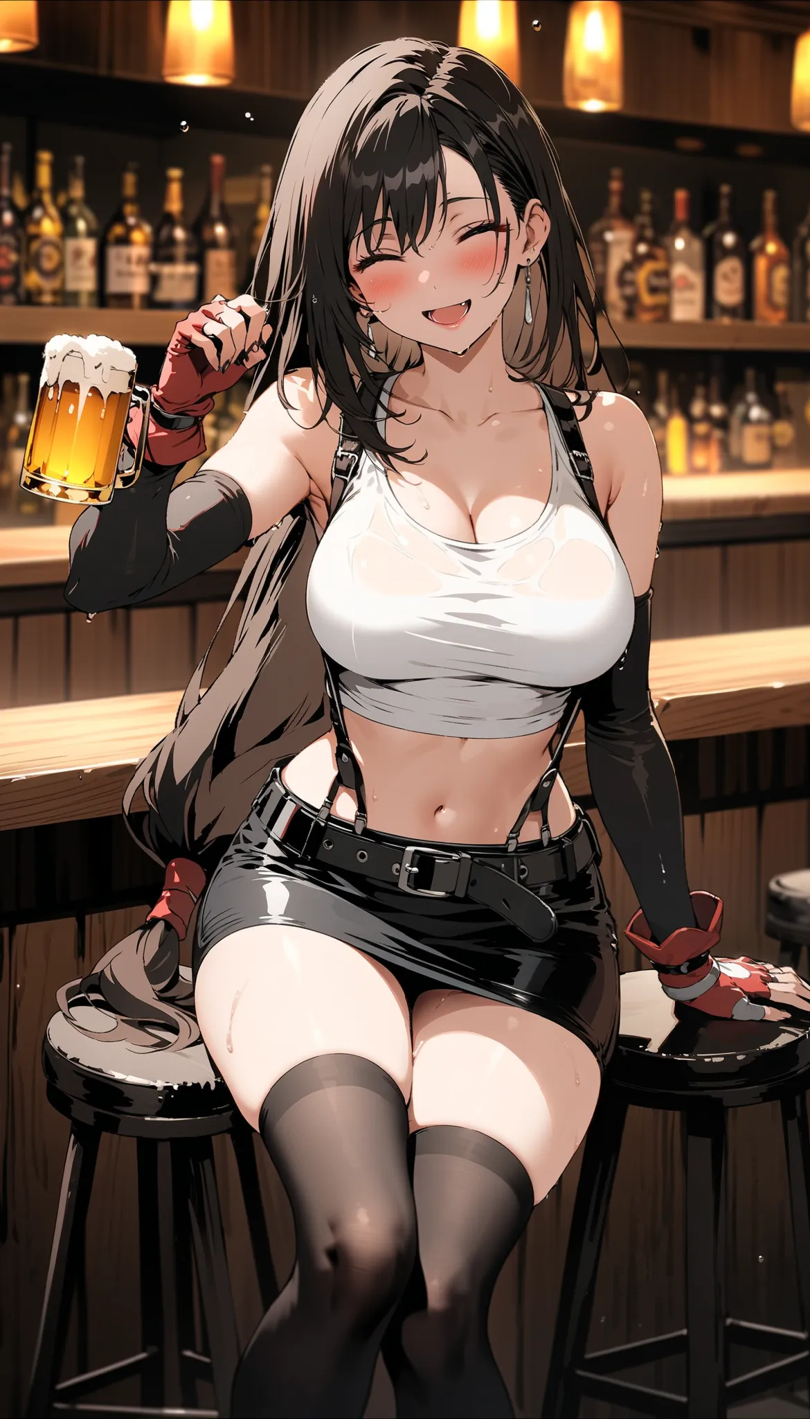 tifa lockhart, 1girl, solo, blush, smile, open mouth, large breasts, black hair, navel, cleavage, jewelry, bare shoulders, sitting, underwear, collarbone, closed eyes, thighs, earrings, indoors, belt, black thighhighs, elbow gloves, midriff, black skirt, m...