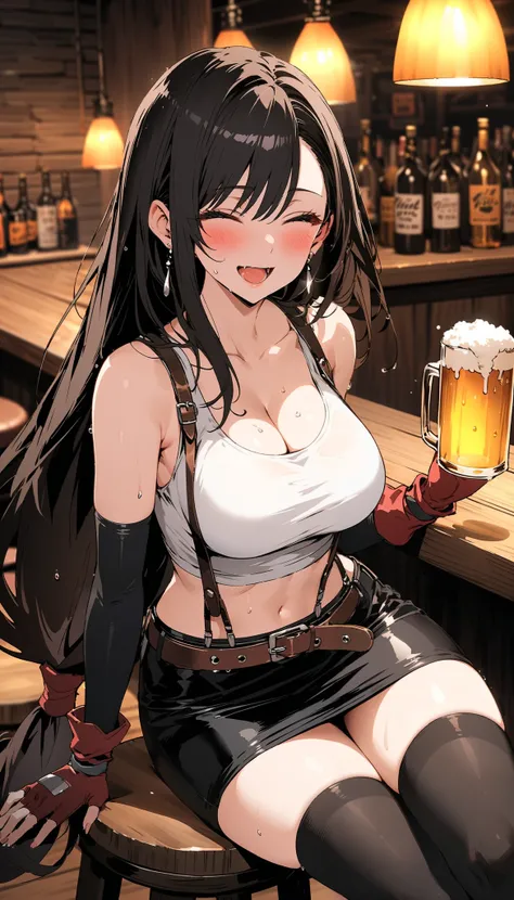 tifa lockhart, 1girl, solo, blush, smile, open mouth, large breasts, black hair, navel, cleavage, jewelry, bare shoulders, sitting, underwear, collarbone, closed eyes, thighs, earrings, indoors, belt, black thighhighs, elbow gloves, midriff, black skirt, m...