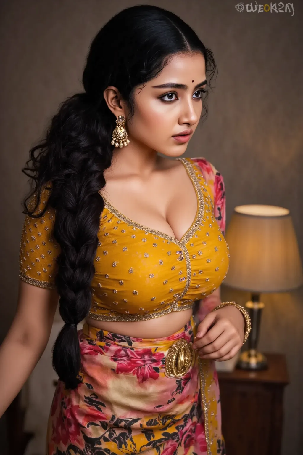 A woman with long dark hair wearing a colorful latex front zipper blouse saree, leaning forward with her hands on her large breasts, downblouse creating a deep cleavage, extremely detailed face, beautiful detailed eyes, beautiful detailed lips, extremely d...