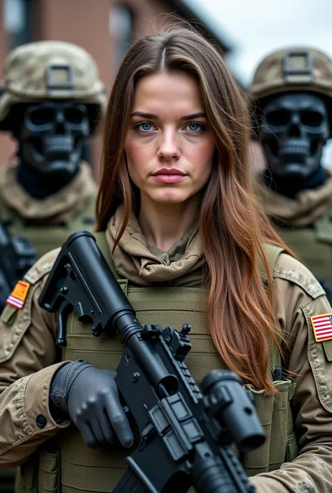 1 female military soldier with a modified assault rifle and military clothing with brown long hair and blue eyes and behind the female soldier to the right and left of the female soldier 2 male military soldiers with modified assault rifle and skull mask t...