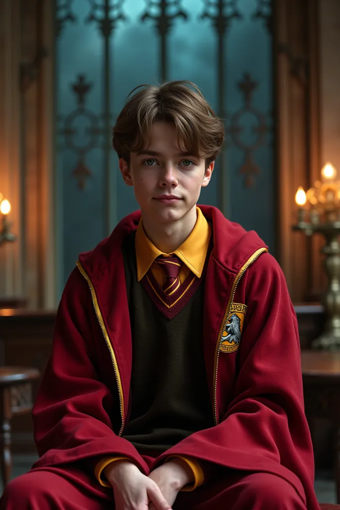 Masterpiece, [front angle], [harry potter], wearing [Gryffindor costume]. Sitting in great hall, 16K, ultra high resolution, photorealistic, UHD, RAW, DSLR, good lighting 