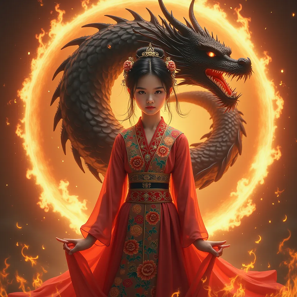 make me a picture of a chinese girl in a chinese dress, in the middle of a circle of fire and she is wrapped by a black dragon. make me a realistic one with a slot machine background
