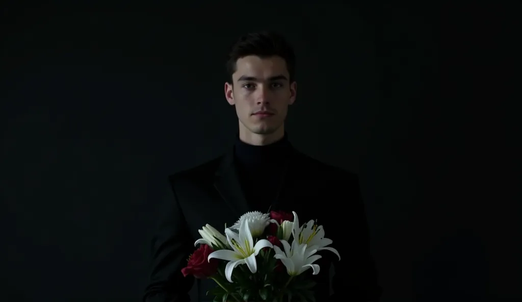 # Video Generation Prompt: Serious Young Man with Flowers

## Character Description
A young man with a very serious, solemn facial expression. His face should convey gravitas, contemplation, and emotional restraint. No smile, just intense focus and dignity...