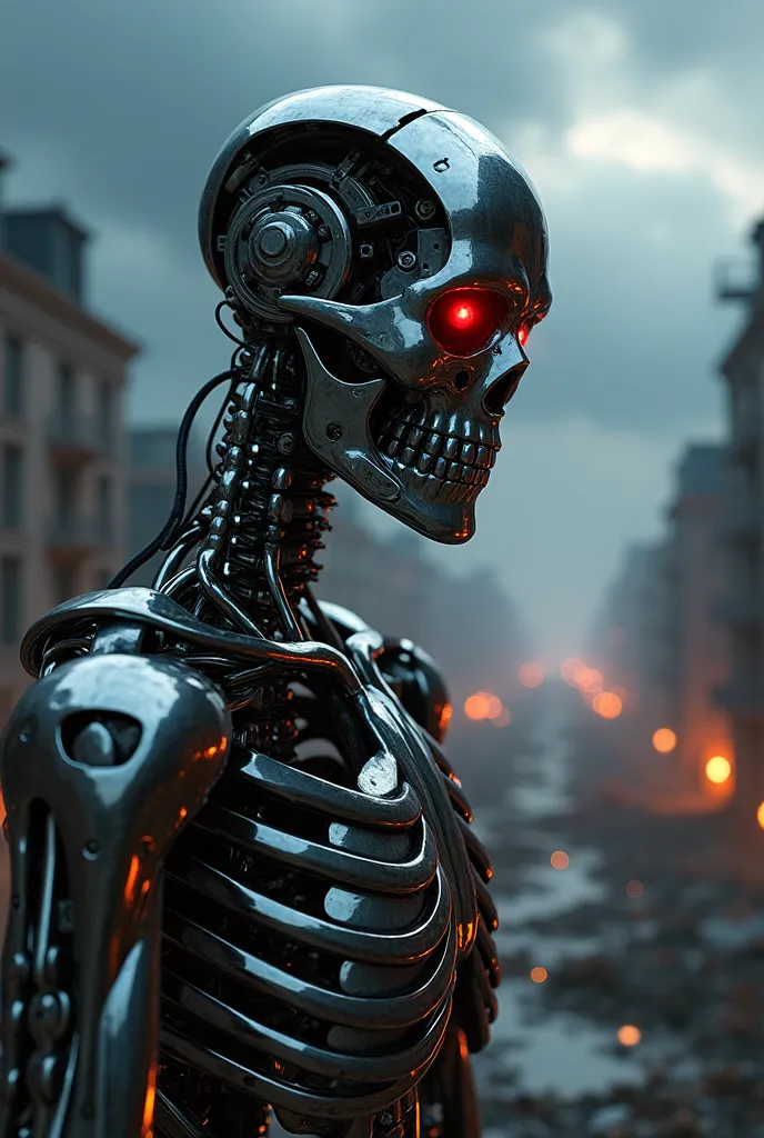 Creates a hyperrealistic image of a Terminator in a post-apocalyptic environment. The Terminator must have a shiny chromed metallic skeleton, with complex futuristic and mechanical details in its structure. Its eyes must emit a deep red glow, giving a sens...