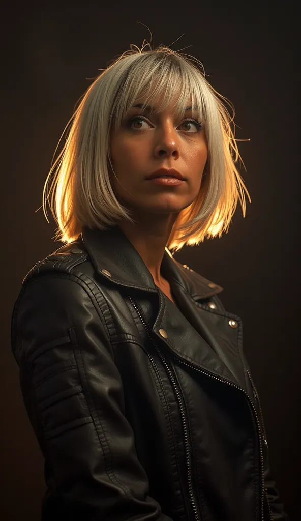 native american aged 50 years slut, intensive sexual tension, leather jacket, bob-cut, studio light, black background