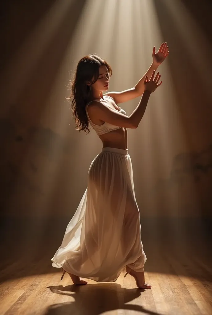 A mesmerizing woman dances passionately on a stage, surrounded by swirling lights and shadows. She wears a sensual, modern dance outfit: a croptop and flowing pants. Her movements are fluid yet powerful, expressing deep emotion. The background alternates b...