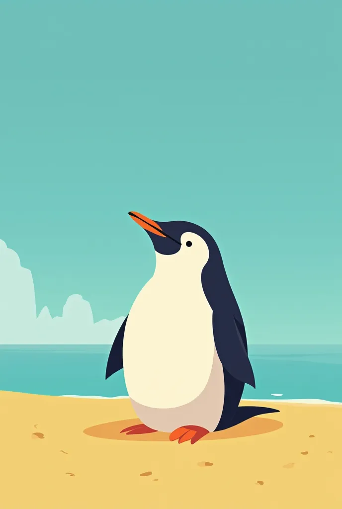 Minimalist penguin with sunbathing belly up. Beach landscape flat colors yellow and blue bright colors
