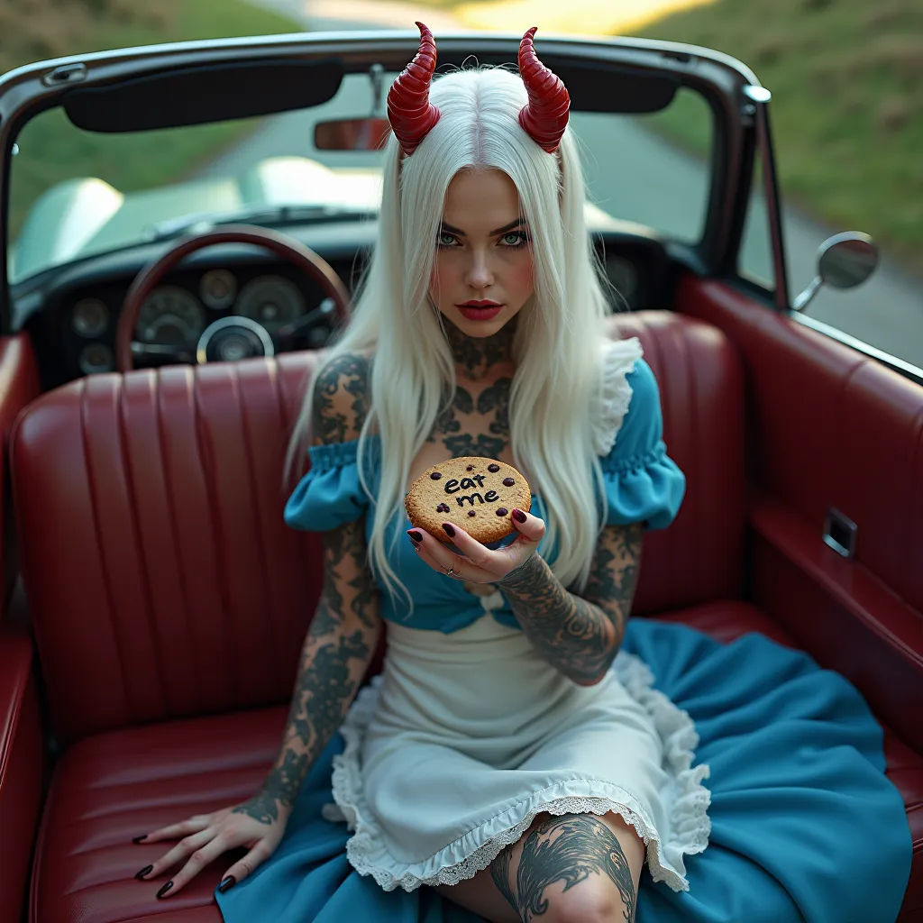 
Sexy tattoed Alice in Wonderland, long white hair and red horns, with erotic short blue dress and a white apron, in a luxury convertible, holding a cookie with the text "eat me" 