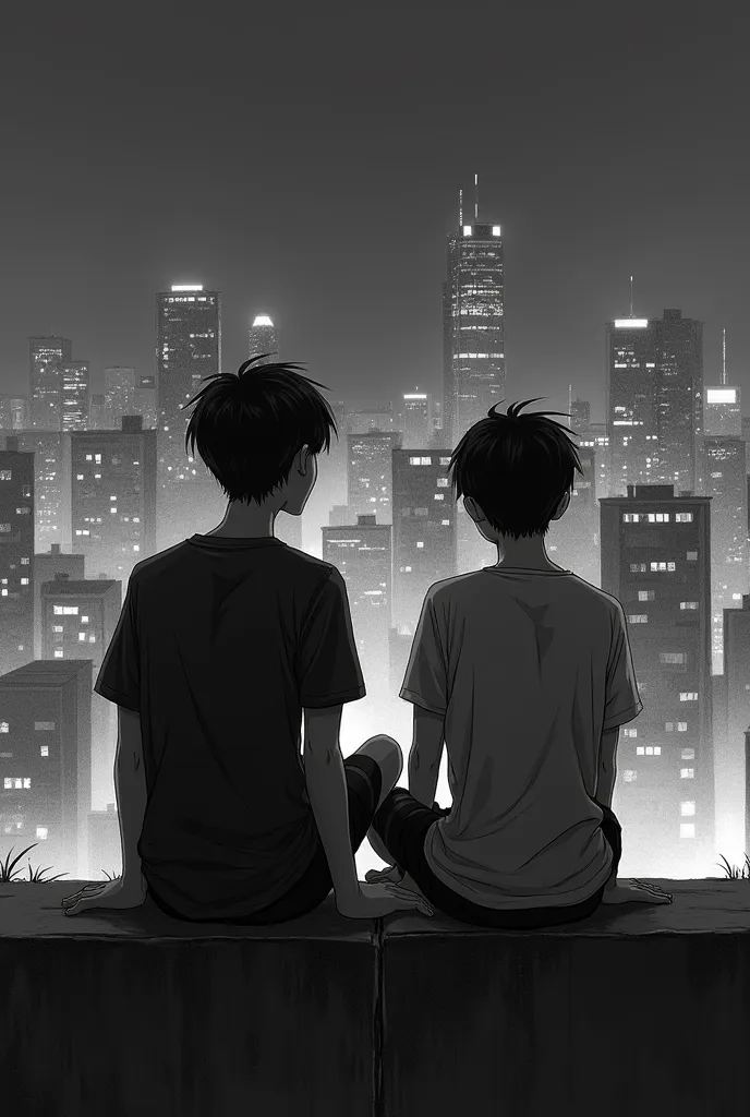 Dessin en noir et blanc de deux adolescent garcons au bas de la page  assis sur un murait regardant la ville de nuit en fond  