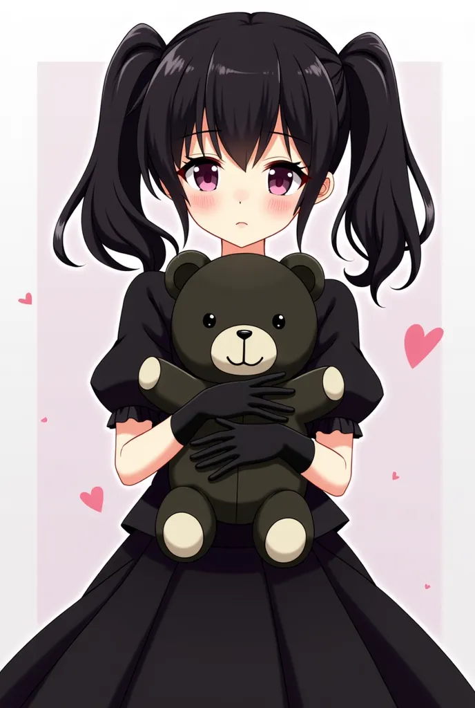 anime girl with black hair and black gloves holding a black teddy bear, by Jin Homura, yuyushiki, noire, twintails white_gloves, tifa lockheart, anime moe artstyle, she has black hair with bangs, ecchi anime style, seductive anime girl, (anime girl), ( ( m...