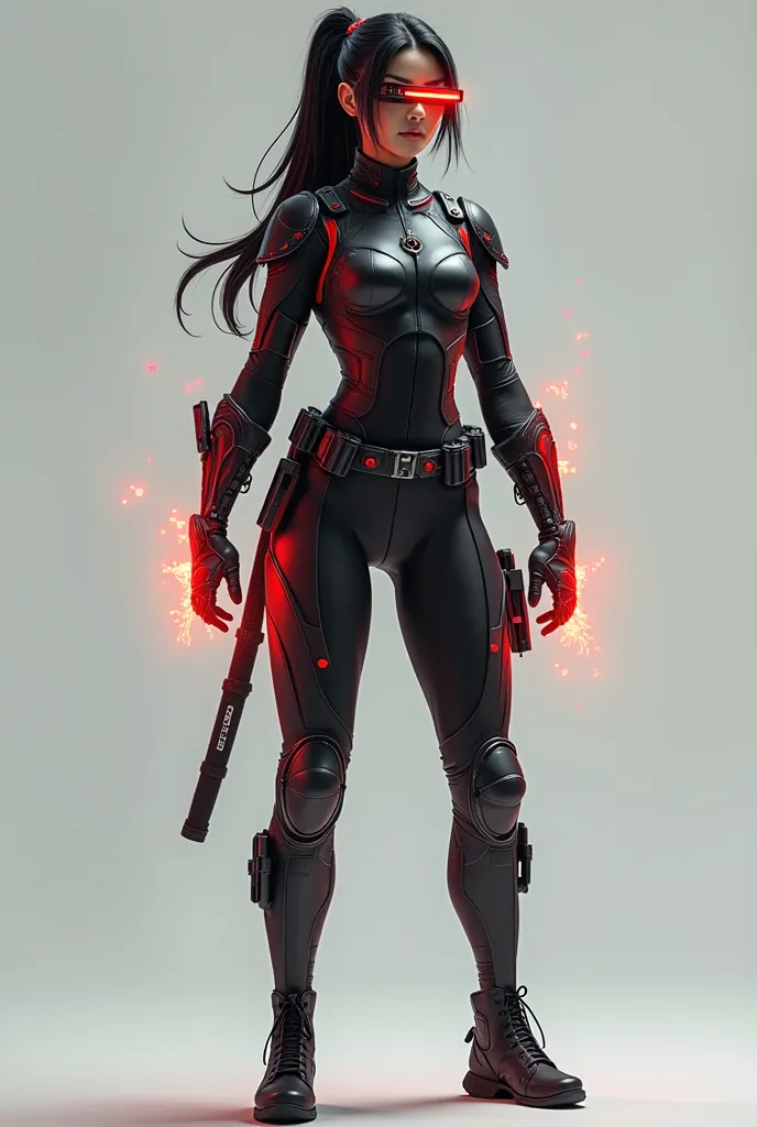 Mai-Lin (Cyber Ninja)
•	Position: Slightly crouching combat stance, ready to jump.
• Facial expression: Calm and focused.
• Clothing: 
o Tight, black and red high-tech combat gear with lightweight armor plates.
o	Augmented-Reality-Visor über einem Aug...