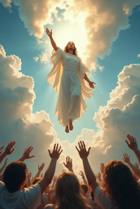 God's upper body surround by clouds emerging from sky above trying to touch the hands of  people extending one arm while people trying to reach God from below 