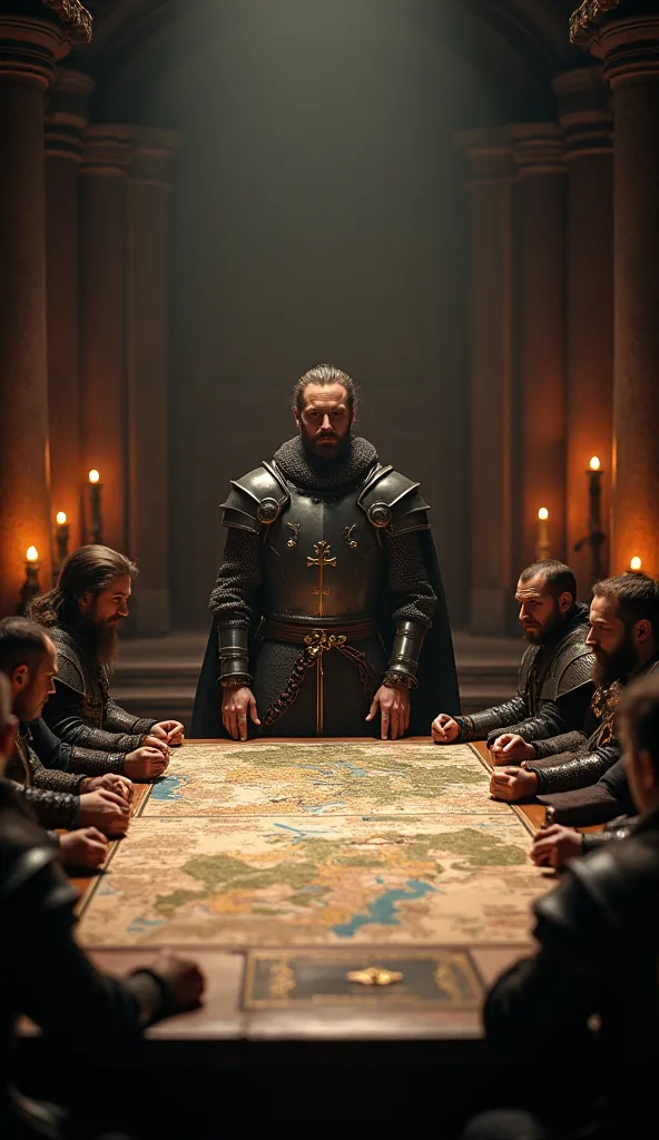 A grand medieval war council. Prince Vsevolod the Big Nest, clad in armor, stands at a wooden table covered with maps and battle plans. His generals and noble warriors listen attentively. The dim candlelight flickers, creating an intense and strategic atmo...