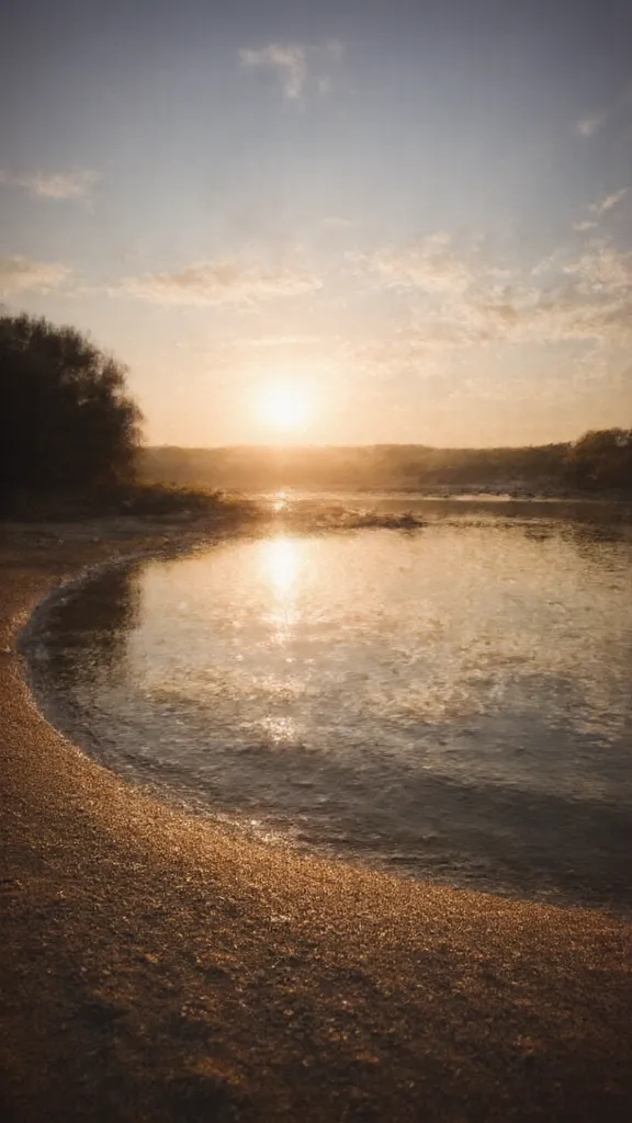 A lake with clear water, Sunset colored sky, With beach area in front of the lake