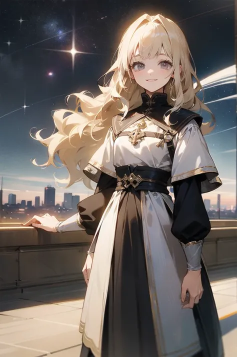 White-gold hair、long wave hair、dark eyes、 orbital space、One cute girl 、Western cityscape at noon、Medieval clothing、pretty girl、 clear、 is so lovely、standing alone、is smiling