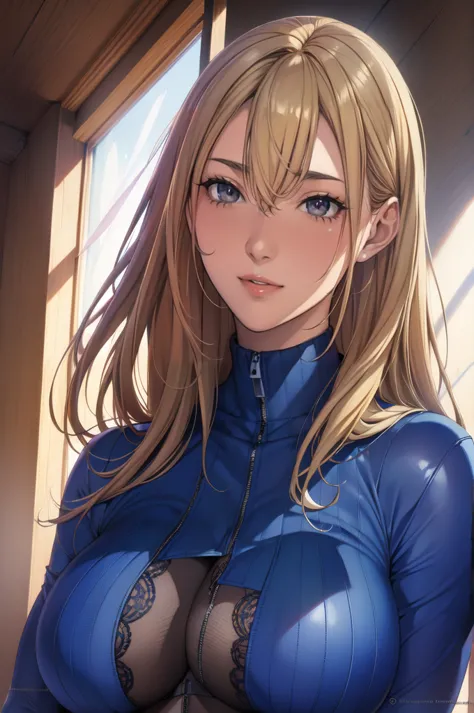 (best quality, High Resolution), portrait, upper body,   cool adult woman  , long hair,  side bangs , blonde hair, blue eyes, turtleneck zipper vest, Color Separation,  gorgeous lingerie, big breasts, Flat wall, Super detailed CG,
 