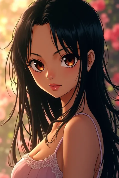 Black-haired girl,  long straight hair , thin eyebrows and brown eyes, age 20, From one pice