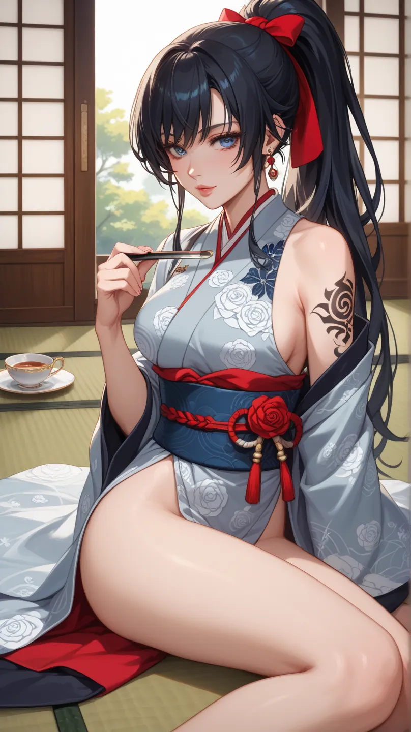 A stunning warrior woman with long, flowing black hair tied in a high ponytail with red hairbands. She wears a deep blue and silver kimono with intricate dragon patterns, loosely draped over her shoulders, revealing detailed tattoos of skulls and roses on ...