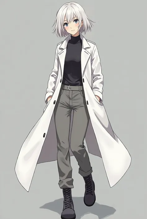 Generate an anime styled mature woman, platinum blond and grey eyes, wearing a long, white coat that falls to her ankles. The coat has a high collar and a long, asymmetrical front that opens to reveal a pair of gray pants. The pants are fairly straight-leg...