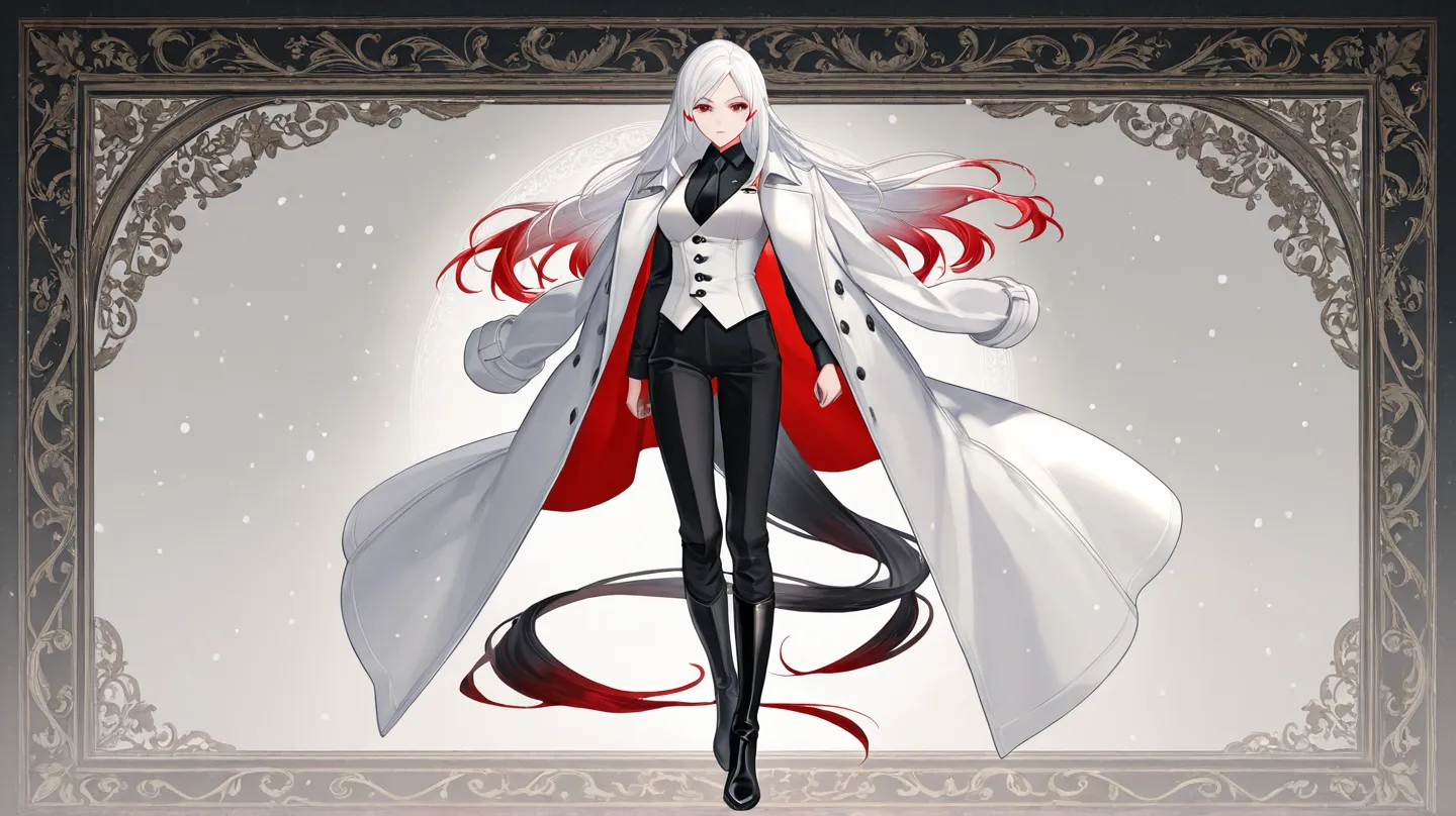 Athletic girl,  snow-white leather   , medium breasts, caderas medianas,  white hair with red highlights , red eyes , Wearing Count's clothes,
- **long coat**: The coat is white in color with black details and intricate decorative patterns on the edges and...