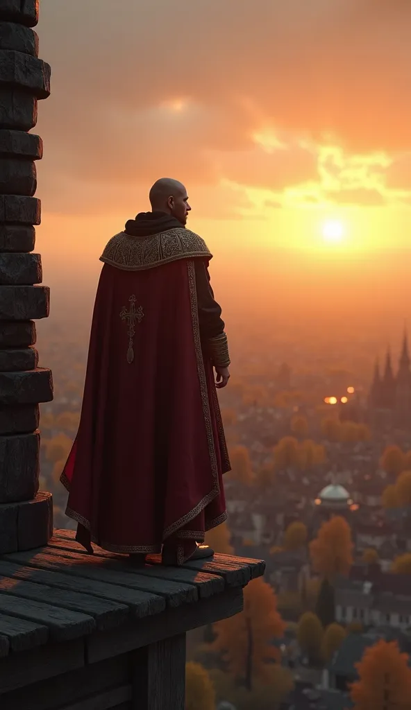 A thoughtful medieval prince, Vsevolod the Big Nest, standing on a high wooden tower, gazing over the vast lands of Vladimir. The sun sets behind the city, casting a golden glow. Cinematic, ultra-detailed, historical accuracy, 8K resolution.