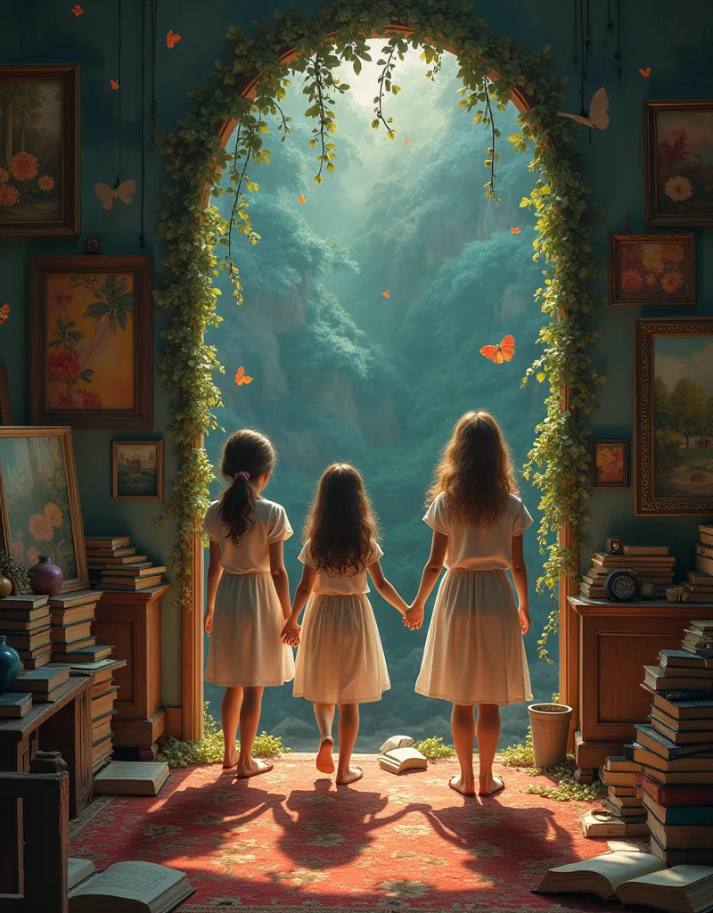 the lives of three young women are intertwined through time on their 11th birthday in a room where you can see books and painted canvases, Also a cardboard theater