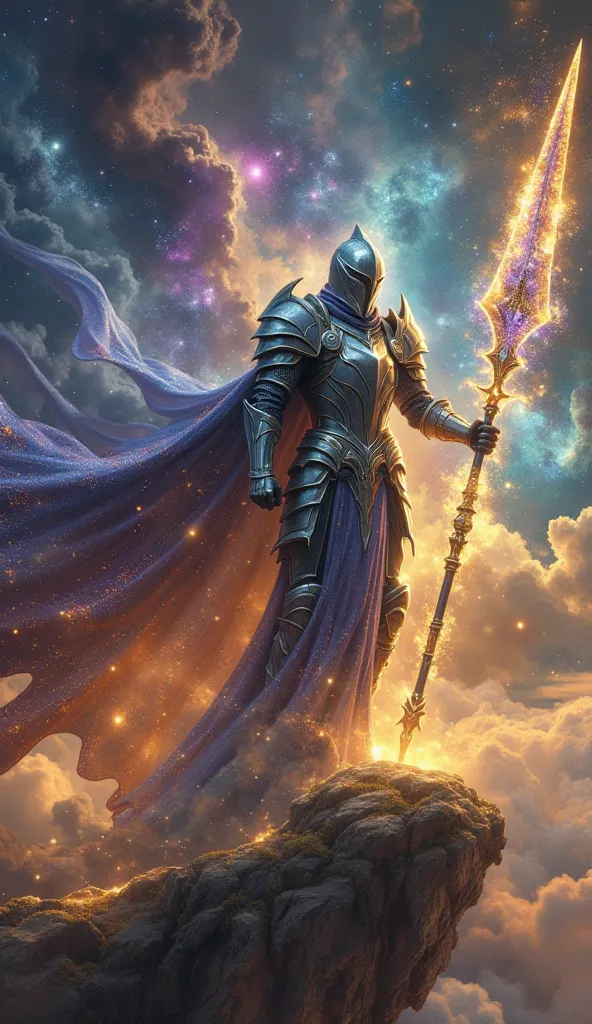 A majestic knight clad in shimmering, iridescent armor that reflects the cosmos, standing on a floating island above the clouds. Their cape is made of stardust, flowing like a nebula, while they wield a radiant spear infused with celestial energy. The back...