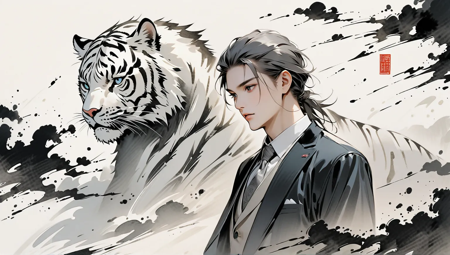   dark eyes , Long Gray Hair, Ink painting,  handsome, Delicate and precise, Picture style,suit,1 person,animal,Tiger face