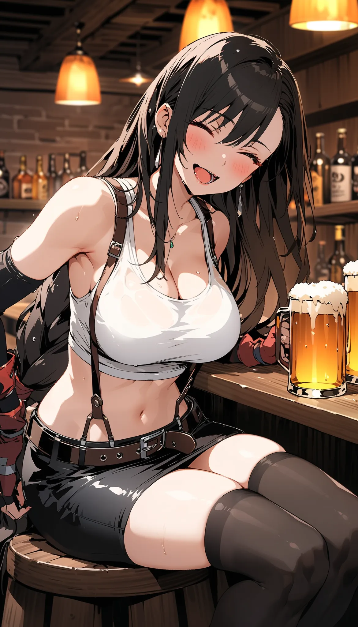 tifa lockhart, 1girl, solo, blush, smile, open mouth, large breasts, black hair, navel, cleavage, jewelry, bare shoulders, sitting, underwear, collarbone, closed eyes, thighs, earrings, indoors, belt, black thighhighs, elbow gloves, midriff, black skirt, m...