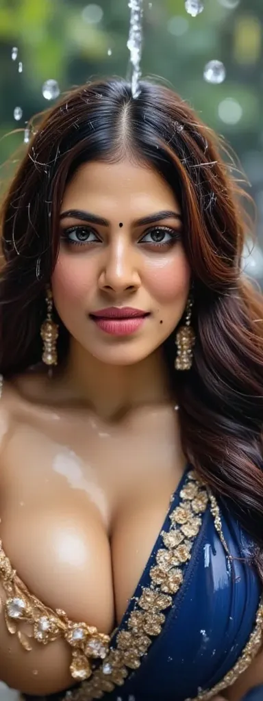 A masterpiece! A stunning Indian milf woman,( front body pose),her disheveled hair a testament to the torrential mild rain that surrounds her. Beautiful, detailed eyes sparkle with joy as she gazes directly at the viewer, her long locks tied back . She wea...