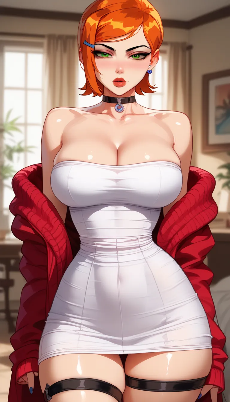  perfect eyes、 perfectly sexy face、 ultra detailed 、ultra perfect eyes、Gwen、Ben 10,white tanktop, bare shoulders, strapless, choker, cleavage, clothes tug, sweater pull, cleavage reach,looking at viewer shiny hair 、red thick lips,( Big breasts ), showing c...