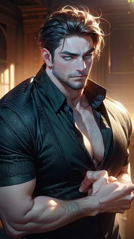 (  best quality,4K,8k,   highres,  masterpiece :1.2),  breasts  ,(Realistic,photoRealistic,photo-Realistic:1.37),36-year-old man,3 day beard,Beautiful anime,Portraits,strong,masculine,       hair with dark hair  ,sharp jaw,       fascinating green eyes   ,...