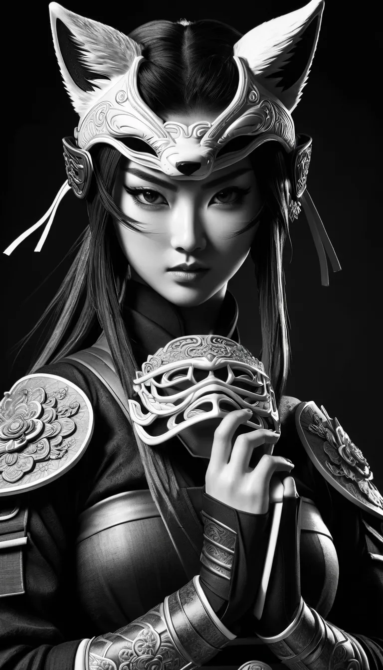 A hyper-detailed black and white illustration of a kunoichi (female ninja) in a mysterious pose, partially removing a kitsune mask from her face, revealing only half of it. Her visible eye is sharp and enigmatic, with an intense gaze. The kitsune mask is o...