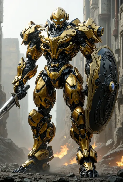 ((an imposing cyberpunk robot)), ((Your sturdy armor is golden, with black details,)), (( with rich details)), (( The armor has deep grooves, Apparent )), ((Due to his epic battle against other robots)) ((In one hand he has a sword, And in the other a perf...