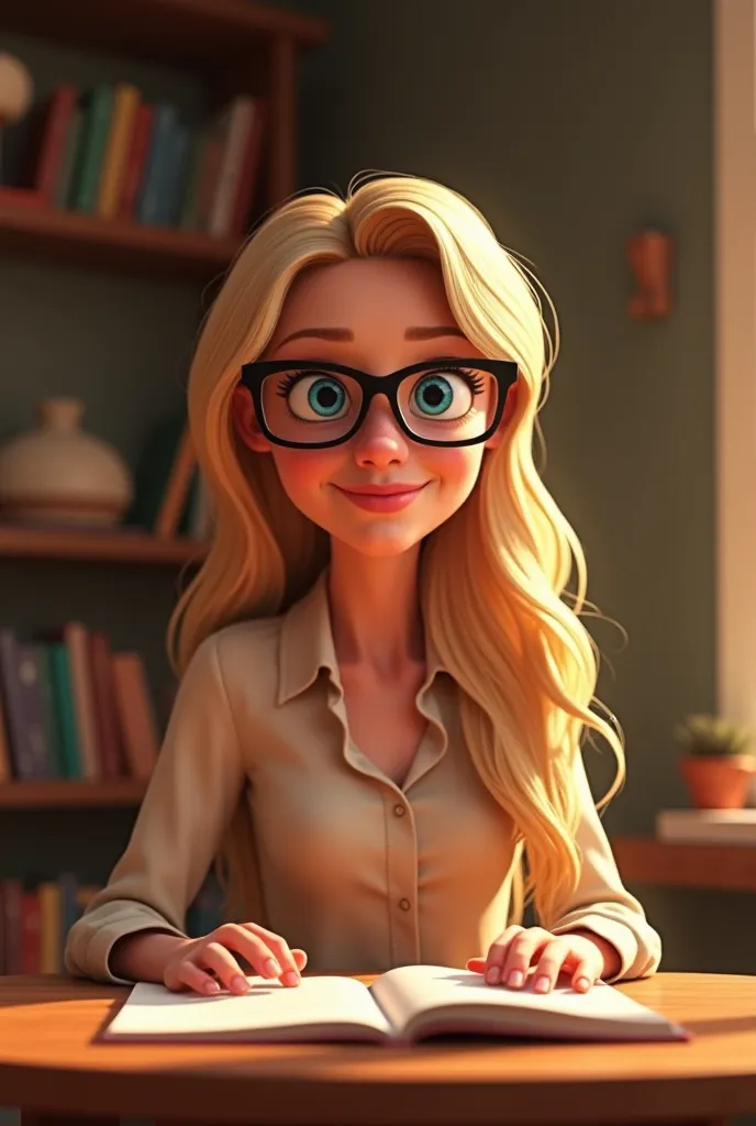 "A Pixar-style animated woman, around 30 years old, sitting at a table in a cozy, well-lit room. She has long, wavy blonde hair and bright blue eyes, now accentuated by sleek black-framed glasses that add a serious and intellectual touch. Her face is symme...