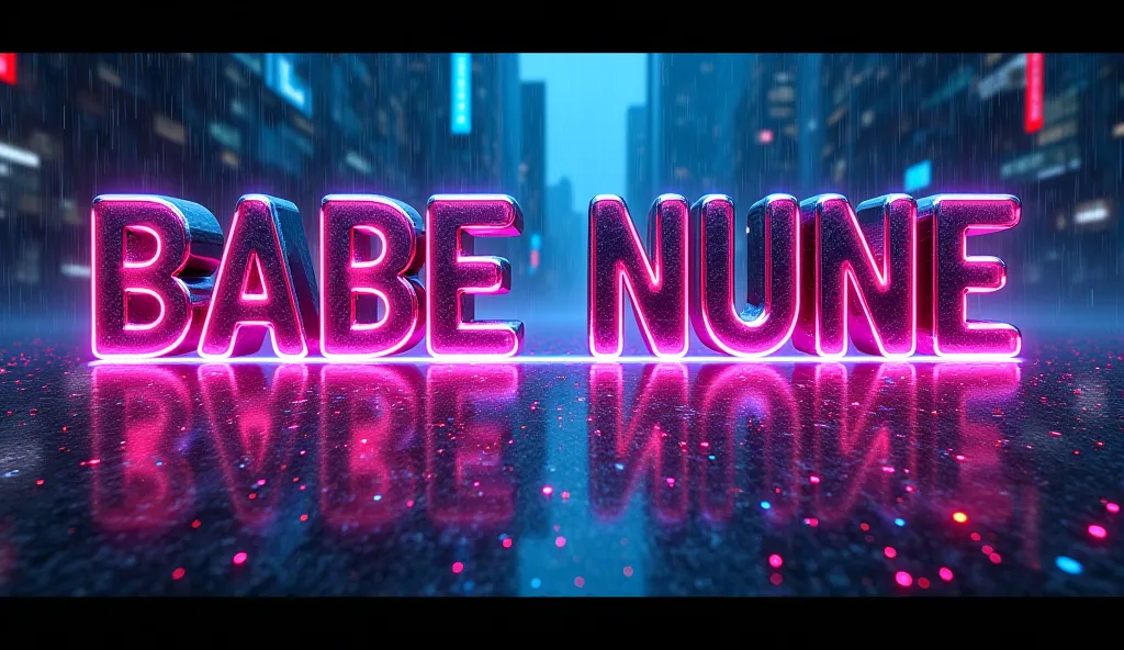 **cyberpunk style:**  
source *Babe Nune* in Capital Letters, with a frayed metallic texture and blue-violet neon leaking from the edges. Bottom: dystopian cityscape, digitized rain, holograms of binary code floating. The center line is a luminous glitch, ...