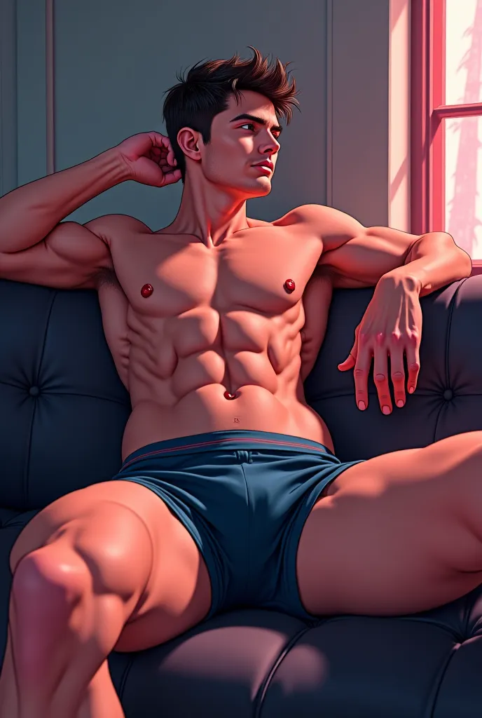 Anime style man of medium build sitting on a couch wearing only tight boxers with a lump in his crotch and with a lot of sweat 