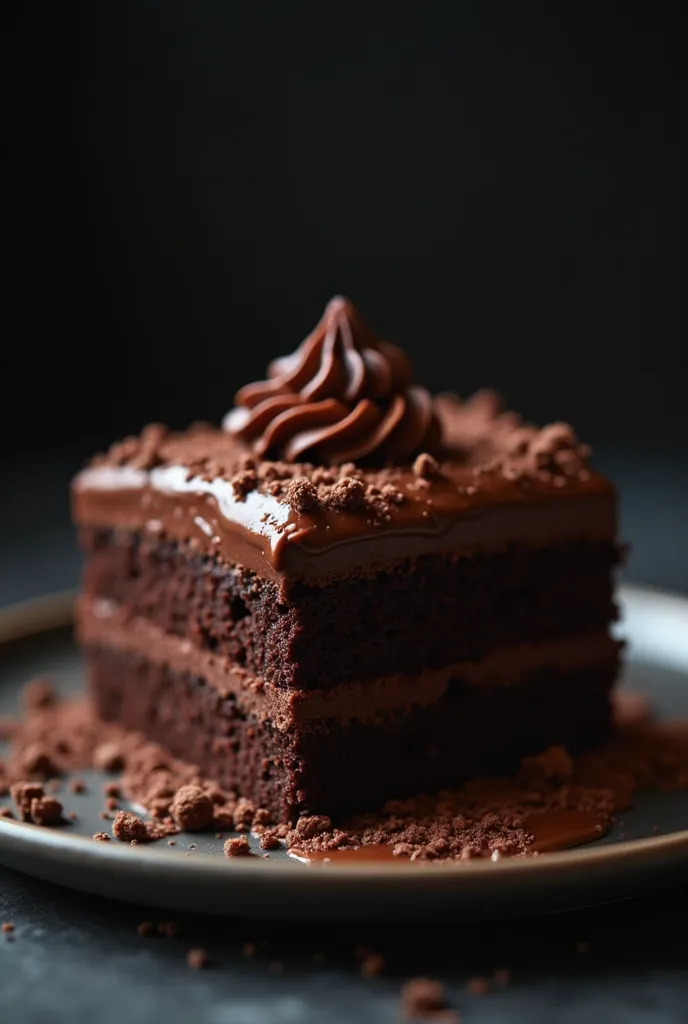 Cinematic chocolate scene,  chocolate cake ,  dark background, high-quality photo, wet texture, glaze, studio photo, piece, shallow depth of field,  vignette, t-shirts are very detailed, big budget, hips, cinemascope, gloomy,  epic, gorgeous, film grain si...