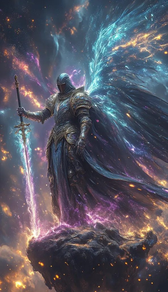 A majestic knight clad in shimmering, iridescent armor that reflects the cosmos, standing on a floating island above the clouds. Their cape is made of stardust, flowing like a nebula, while they wield a radiant spear infused with celestial energy. The back...